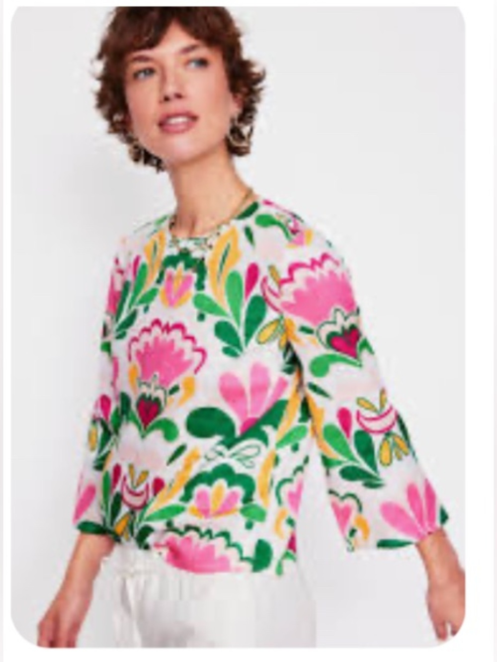 Boden Fluted Sleeve Linen Top White Floral Print – Spring Summer Blouse